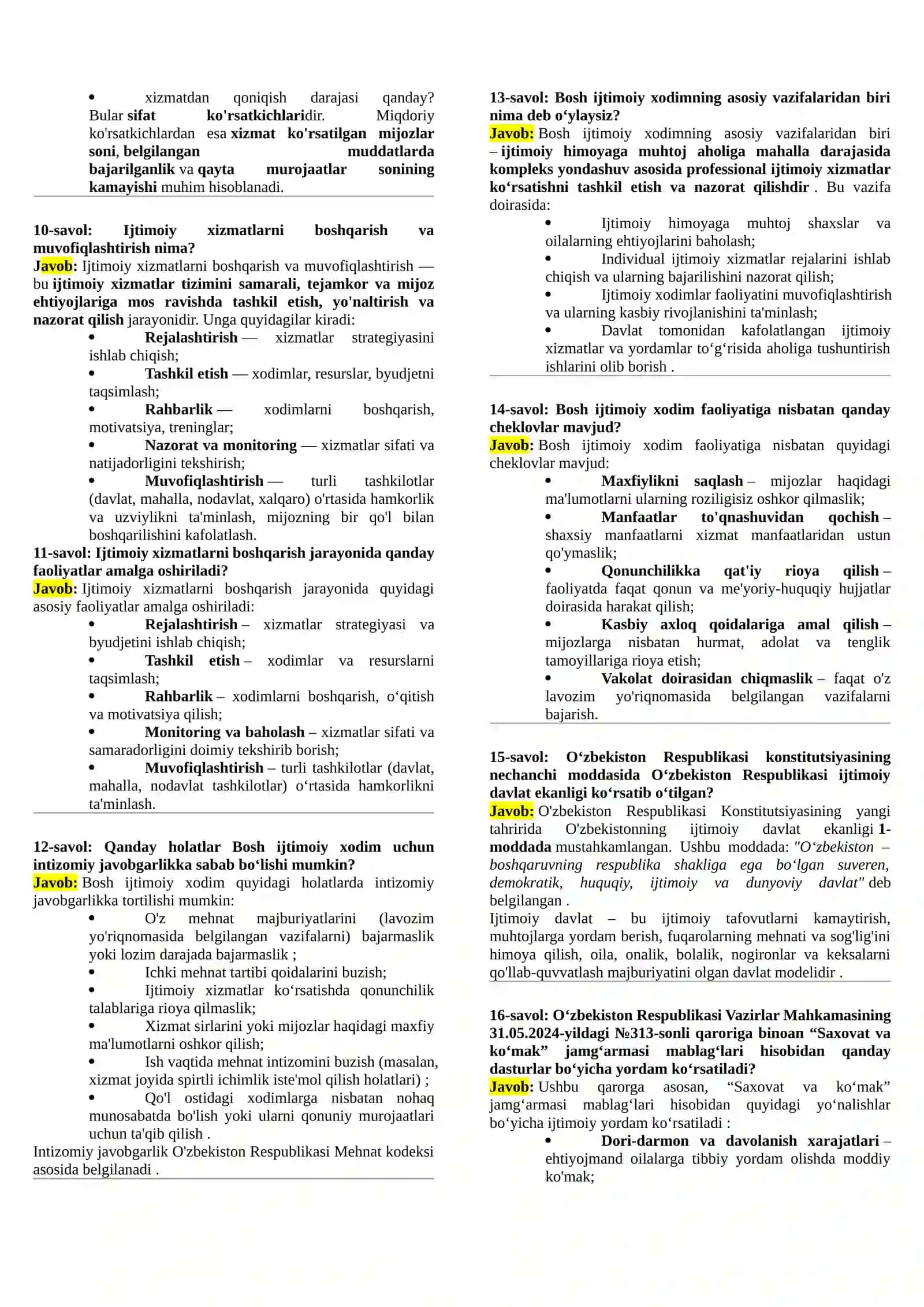 Mahallada kompleks ijtimoiy xizmat ko'rsatuvchi hodim uchun suhbat savollari va javoblari 2026 2