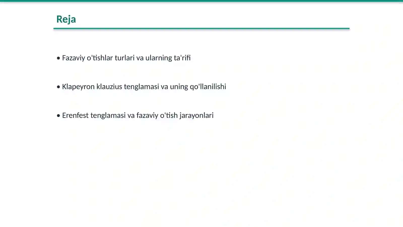 Birinchi va ikkinchi tur fazaviy o'tishlar Klapeyron klauzius va Erenfest tenglamalari.Kritik holati.Uchlik nuqta Real gazlar statistikasi Van -Der vaals tenglamasi 2