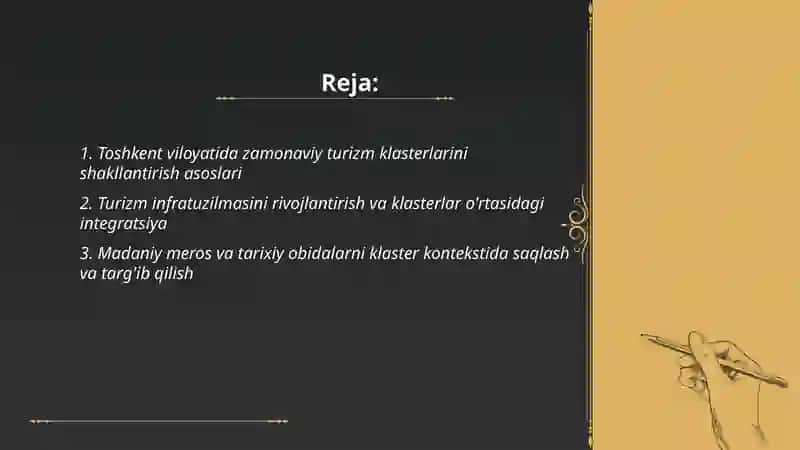 Toshkent viloyati Zamonaviy turizm klasterlari va istiqbollari 2