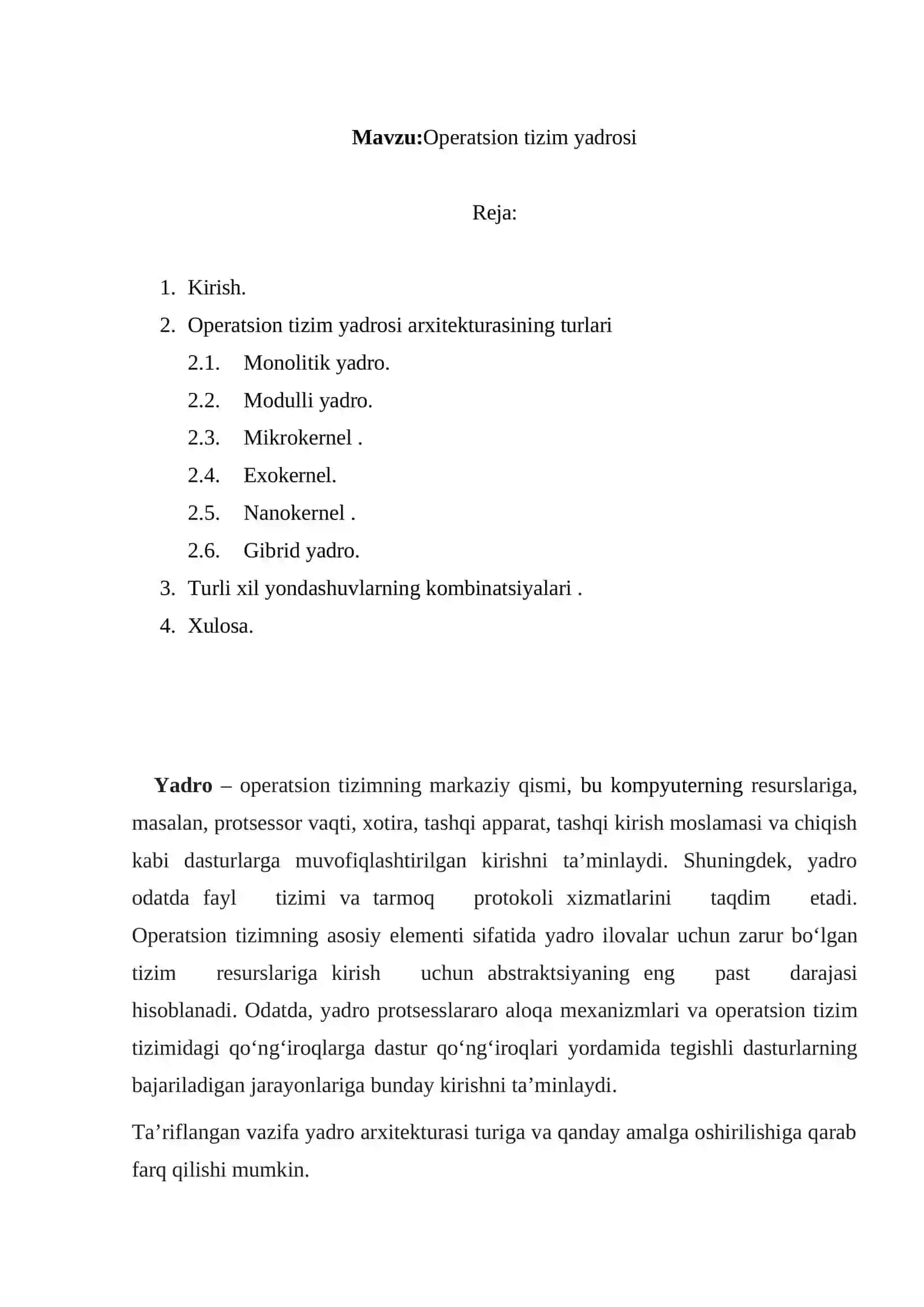 Operatsion tizim yadrosi. 2