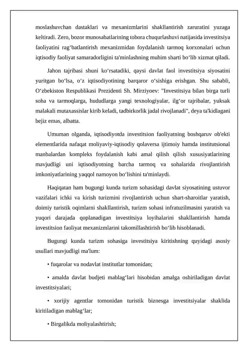 O‘zbekiston Respublikasida turizm sohasiga xorijiy investorlarni jalb qilish uchun qulay sarmoyaviy muhitni yaratish zarurati 2