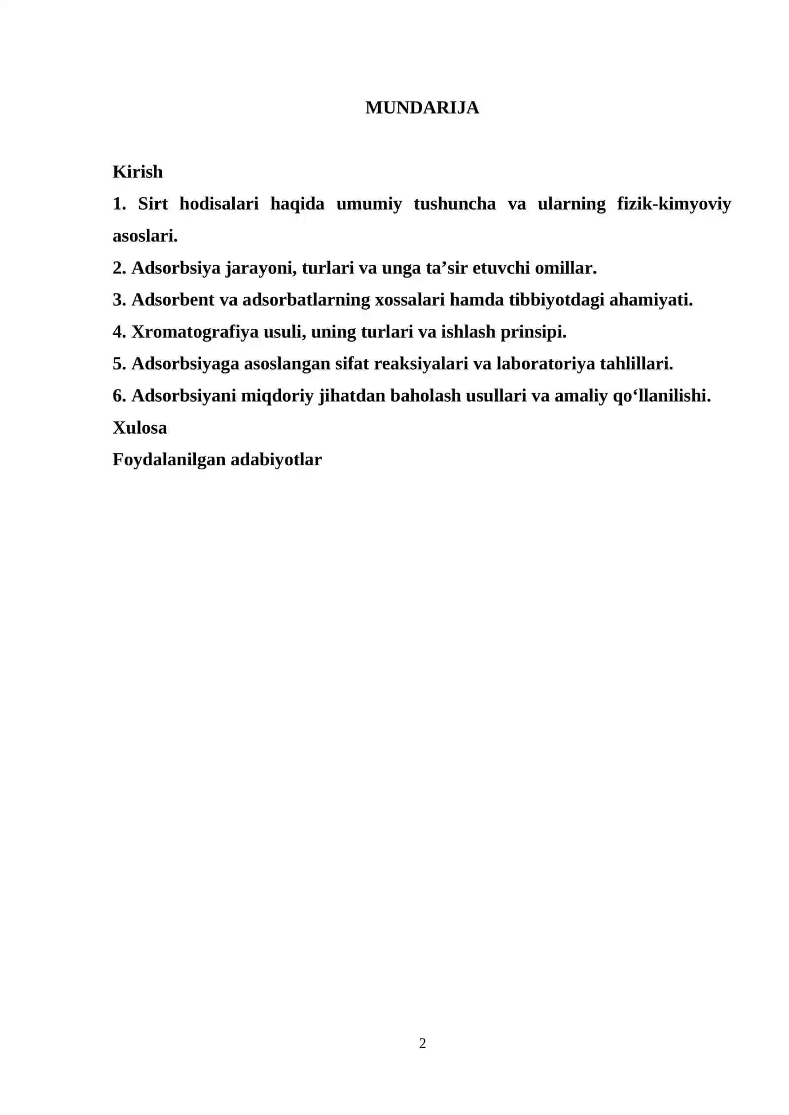 Sirt hodisalari va adsorbsiya. Xromatografiya. Adsorbsiyadan sifat reaksiyalari. Adsorbsiyani miqdoriy jihatdan baholash 2