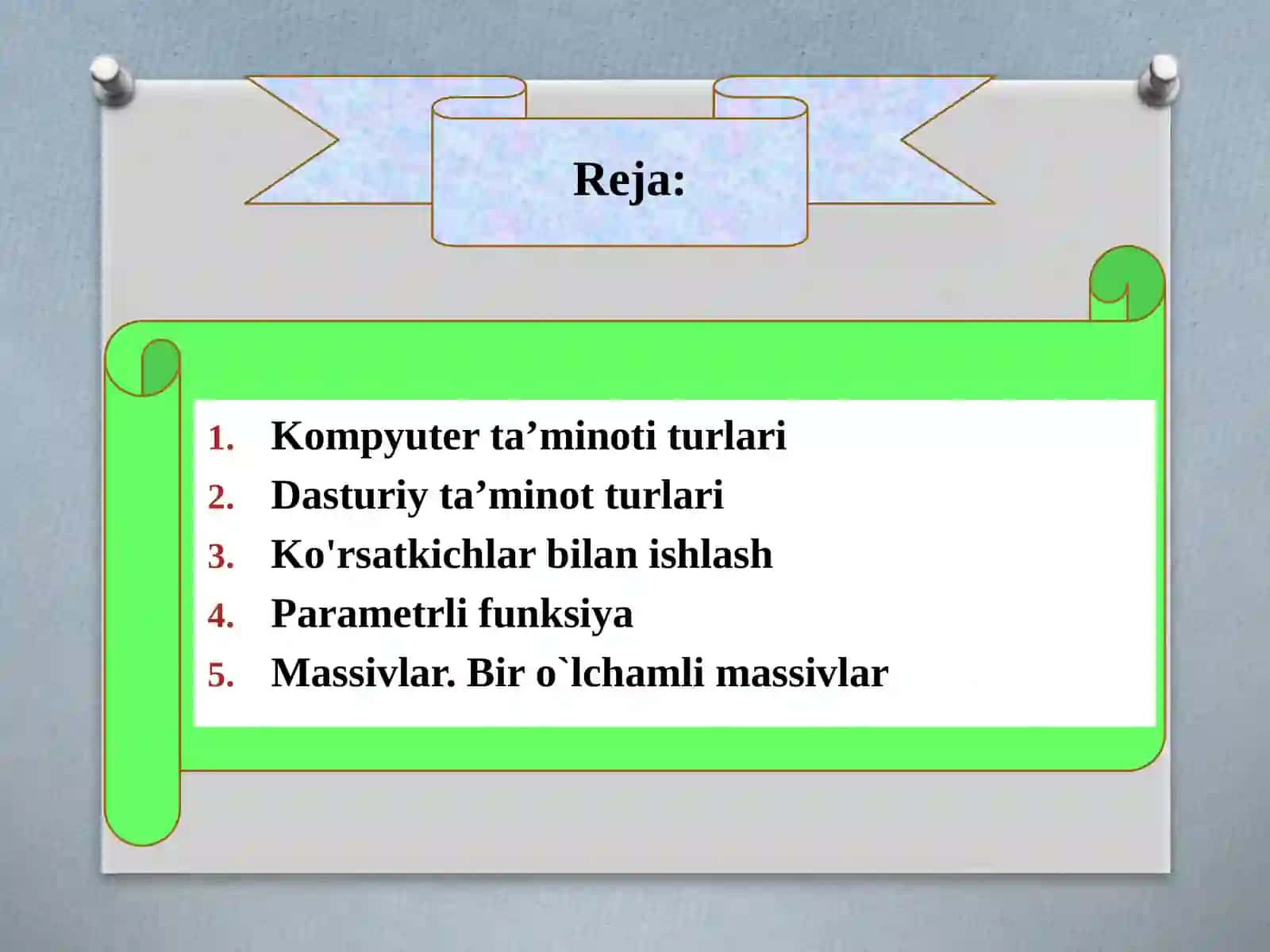 Operatorlar va standart funksiyalar (shartli operatorlar, tanlash operatorlari, massiv operatorlari, massivlar, tuzilmalar va protseduralar) 2