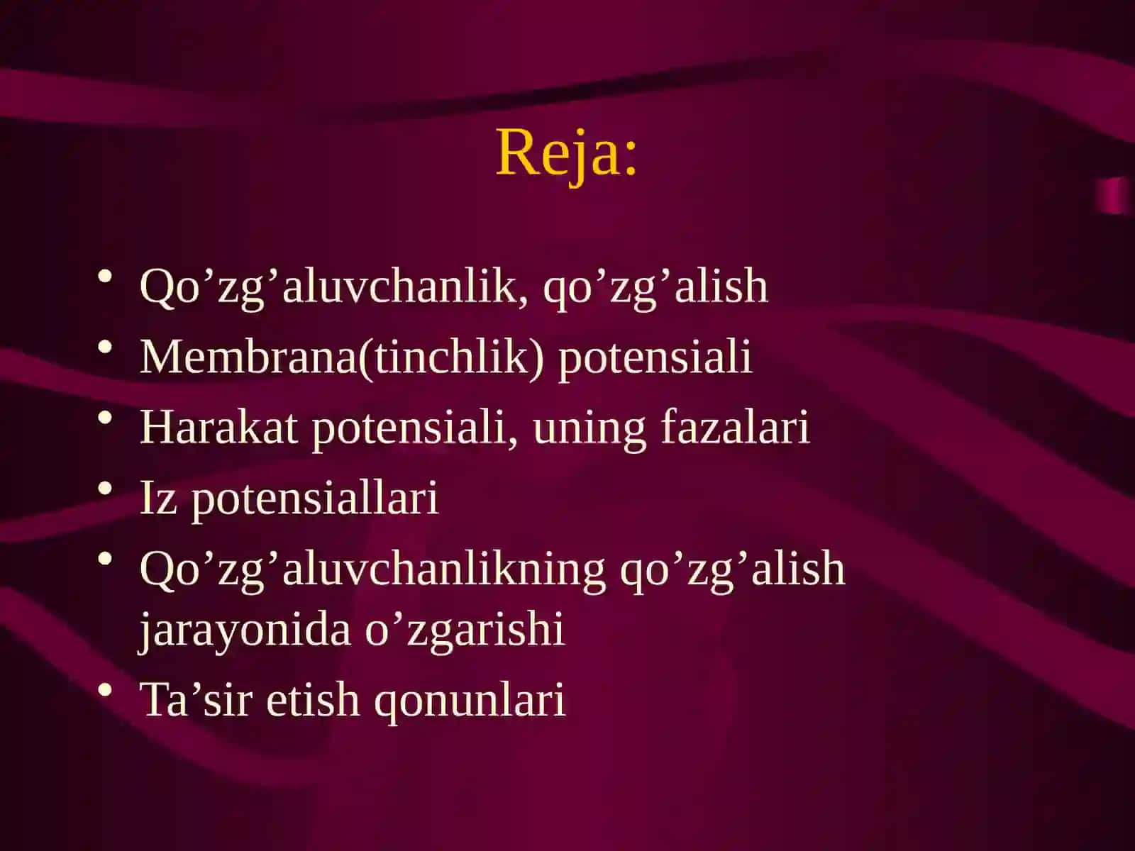 Qo’zg’aluvchan to’qimalarda bioelektrik hodisalar. Ta`sirlash qonunlari 2