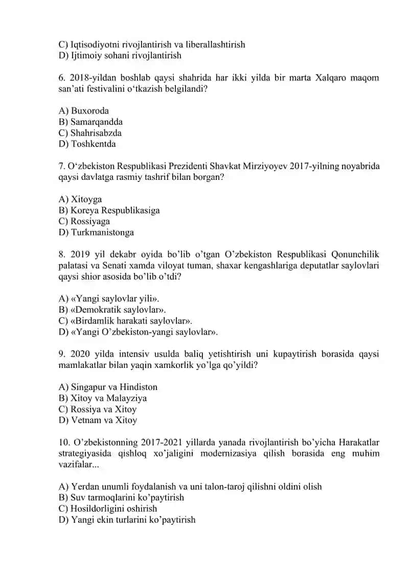 Yangi O‘zbekistonda amalga oshirilayotgan islohotlar. Test savollari. 2