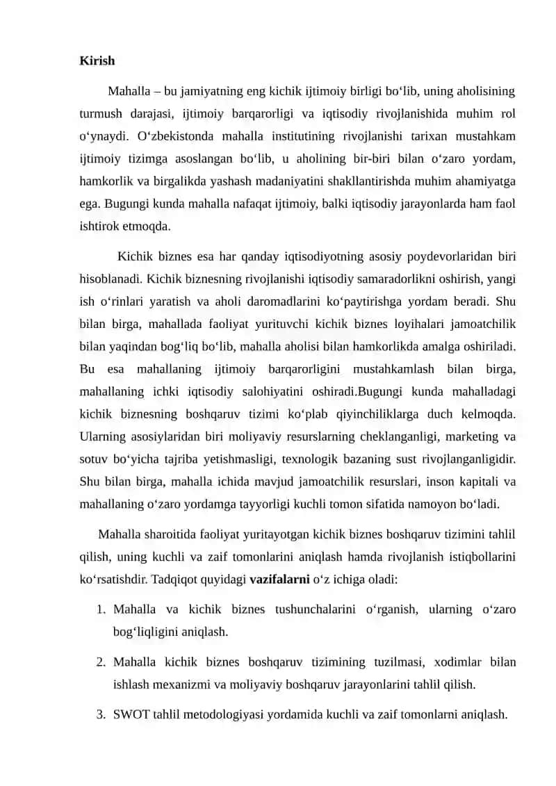 Mahalliy kichik biznes boshqaruv tizimini tahlil qilish va kuchli/zaif tomonlarini aniqlash yuzasidan tahliliy ma’lumot 2