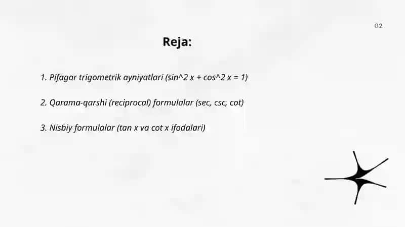 Trigometrik asosiy ayniyatlar.trigometrik formulalar 2