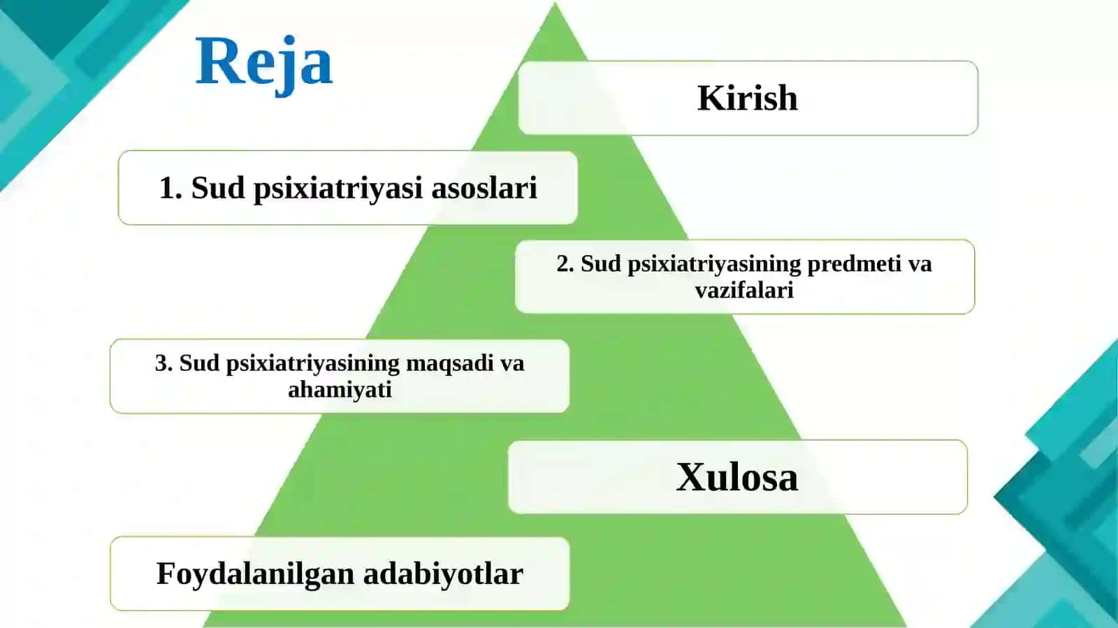 Sud psixiatriyasi asoslari. Sud psixiatriyasining predmeti va vazifalari. Asosiy maqsadlari va ahamiyati. “Psixiatriya yordami to‘g‘risida” hamda “Sud-ekspertiza to‘g‘risida”gi qonunlar. Qonunchilikka umumiy sharh.pptx 2