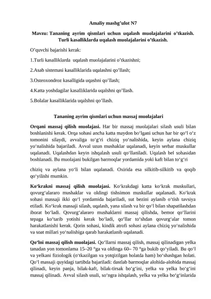 Tananing ayrim qismlari uchun uqalash muolajalarini o’tkazish 2