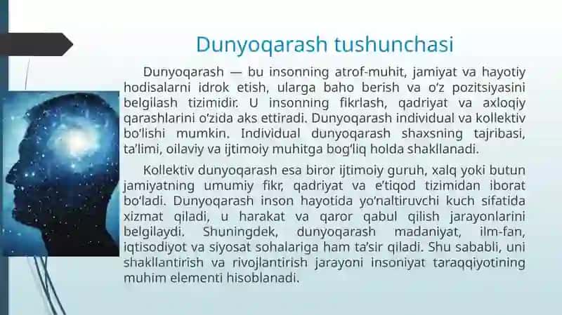 Dunyoqarash tushunchasi, uning turlari.Yangi Oʻzbekiston-yangi dunyoqarash 2