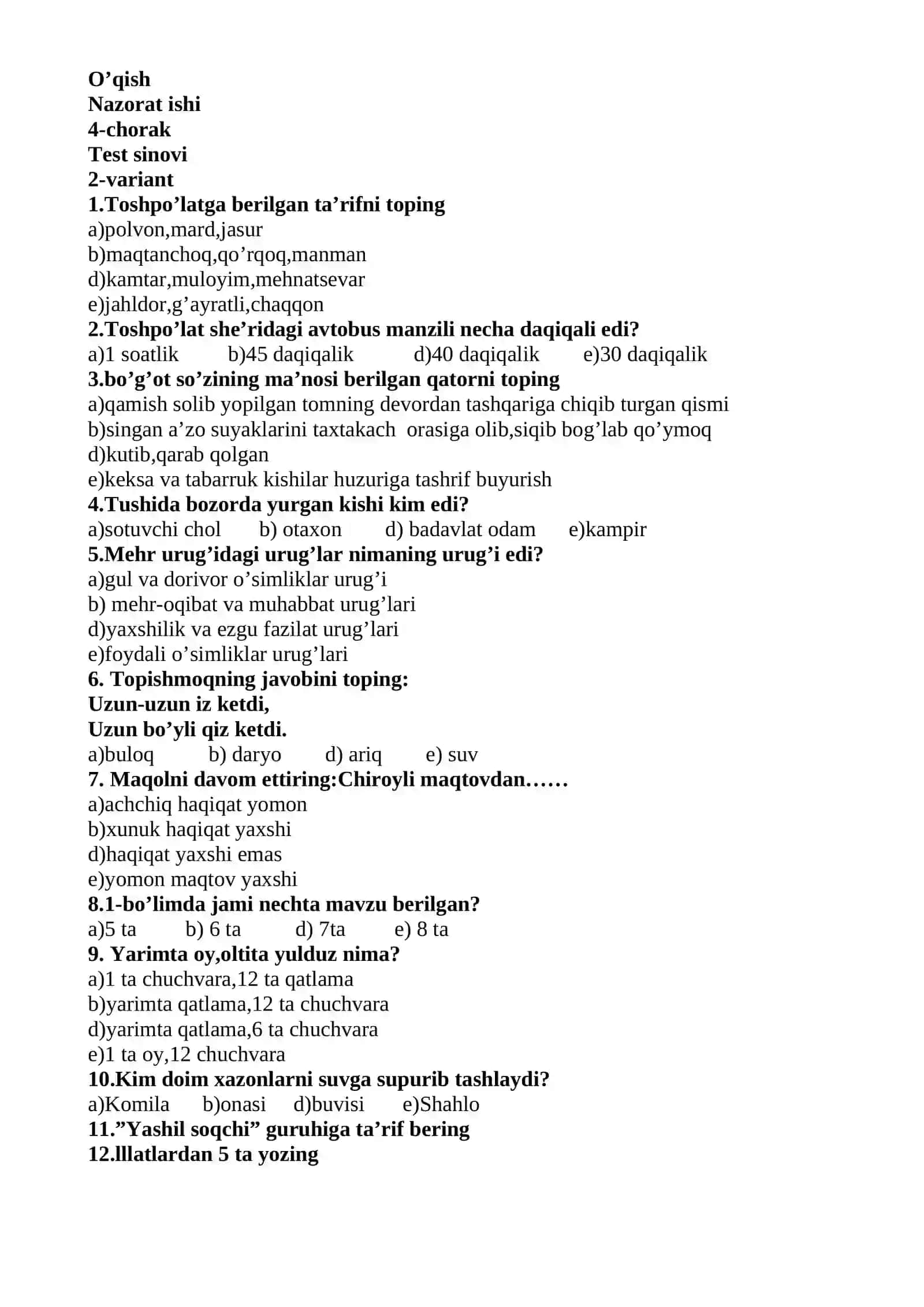 O'qish fanidan Nazorat ishi 4-chorak 2026-yil 2