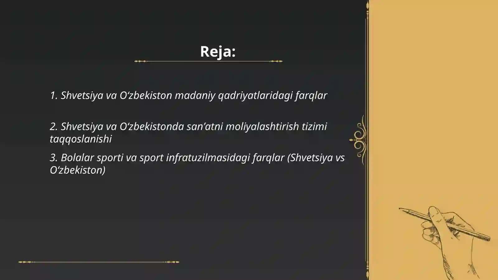 Shvetsiya madaniyat va sport va sanʼat va maktabgacha taʼlim va pedagogik va Oʻzbekiston farq 2