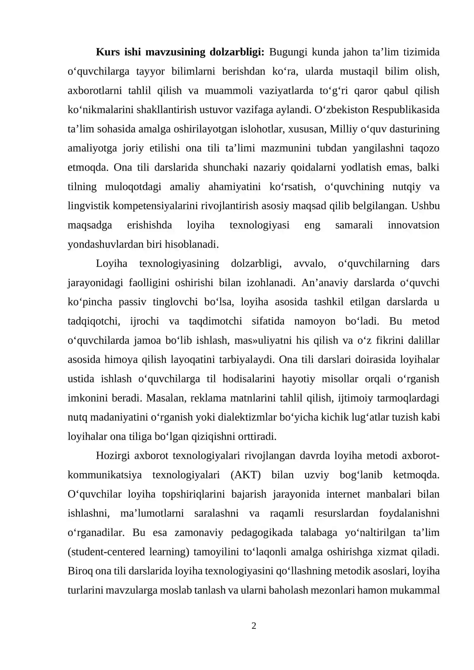 ONA TILI TA’LIMIDA LOYIHA TEXNOLOGIYASINING PEDA-GOGIK IMKONIYATLARI 2