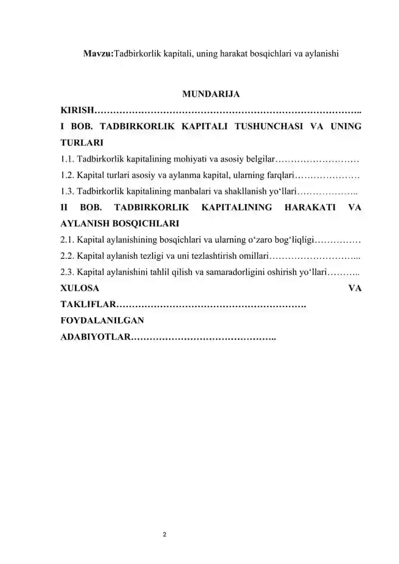 Tadbirkorlik kapitali, uning harakat bosqichlari va aylanishi kurs ishi 2