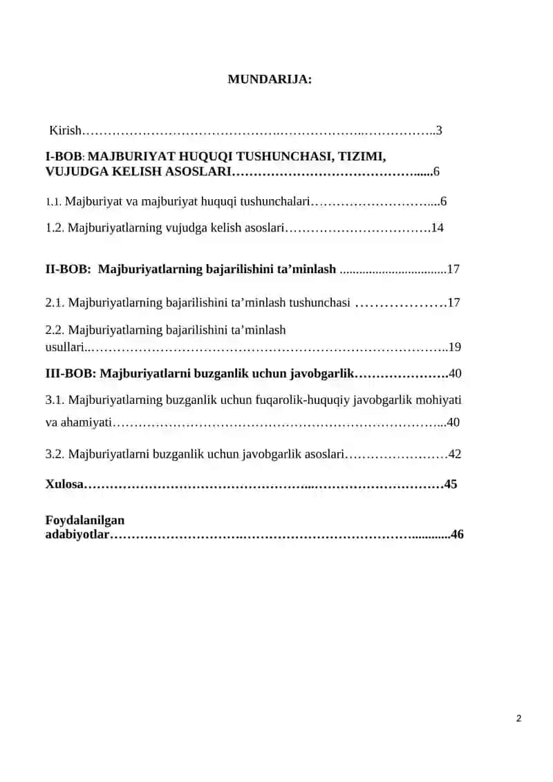 MAJBURIYAT HUQUQI TUSHUNCHASI, TIZIMI, VUJUDGA KELISH ASOSLARI Kurs ishi 2