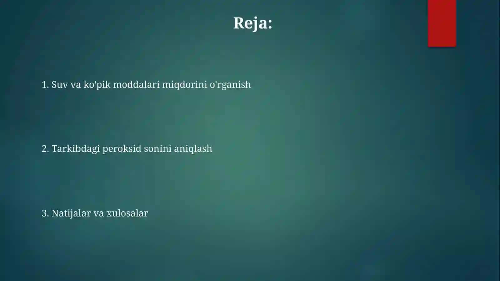 Suv va ko'pik moddalari miqdorini o'rganish tarkibidagi peroksid sonini aniqlash 2