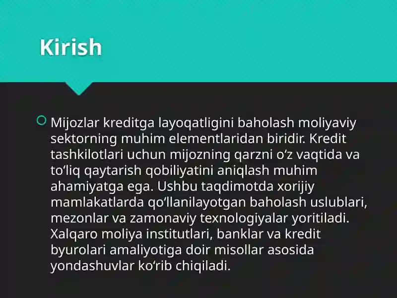 Mijozlar kreditga layoqatligini baholash xorij tajribasi 2
