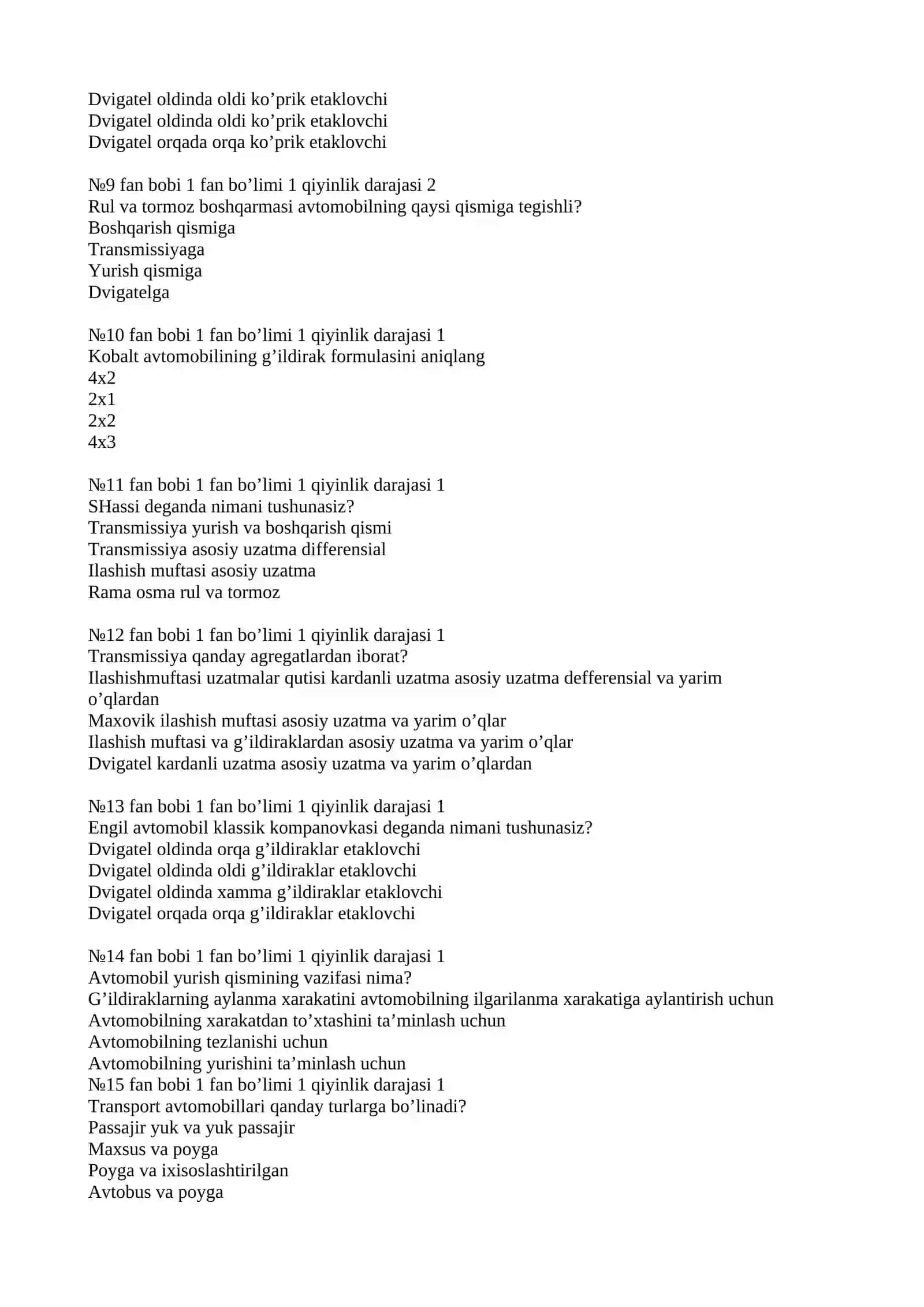 Avtomobil va dvigatel nazariyasi 200 ta test 2