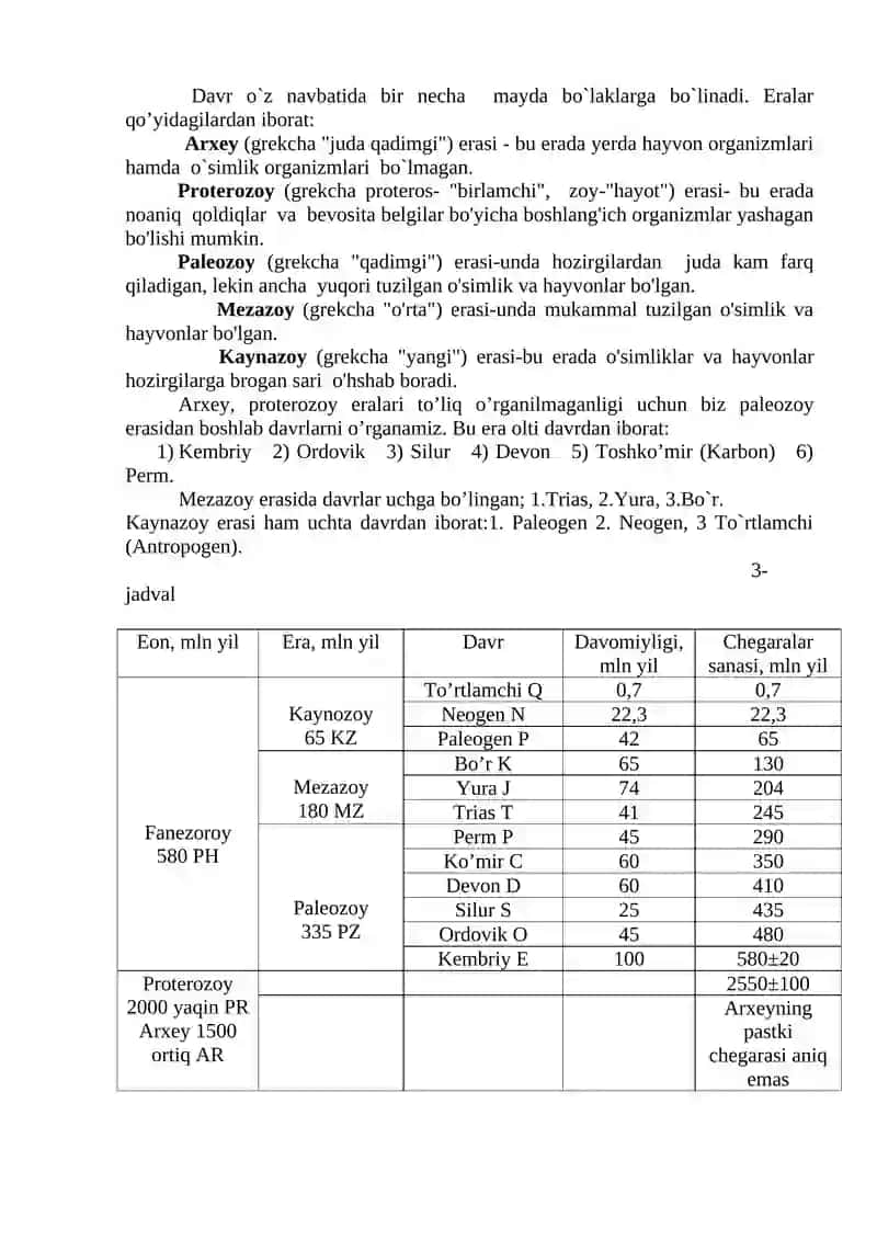 GEOXRONOLOGIK JADVAL, ERALAR, DAVRLARI BO’YICHA INDEKSI VA RANGLARINI O’RGANISH 2