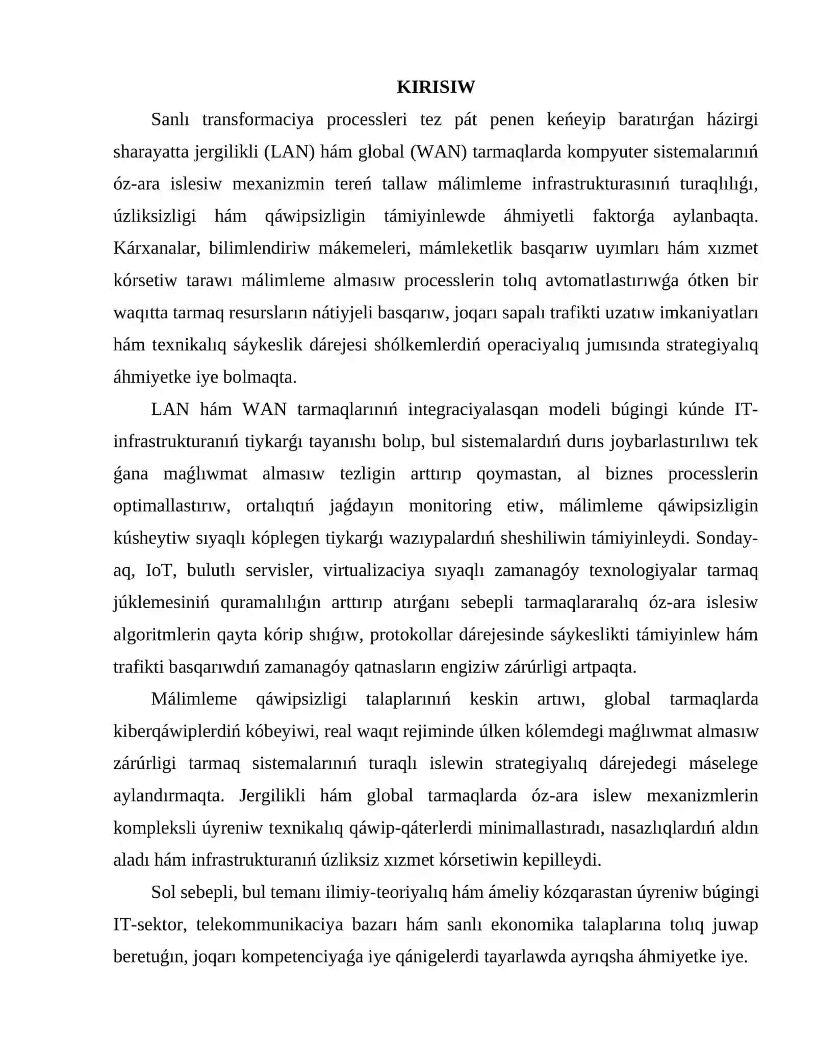 Jergilikli (LAN) hám global (WAN) tarmaqlarda kompyuter sistemalarınıń óz ara islew mexanizmin talqılaw 2