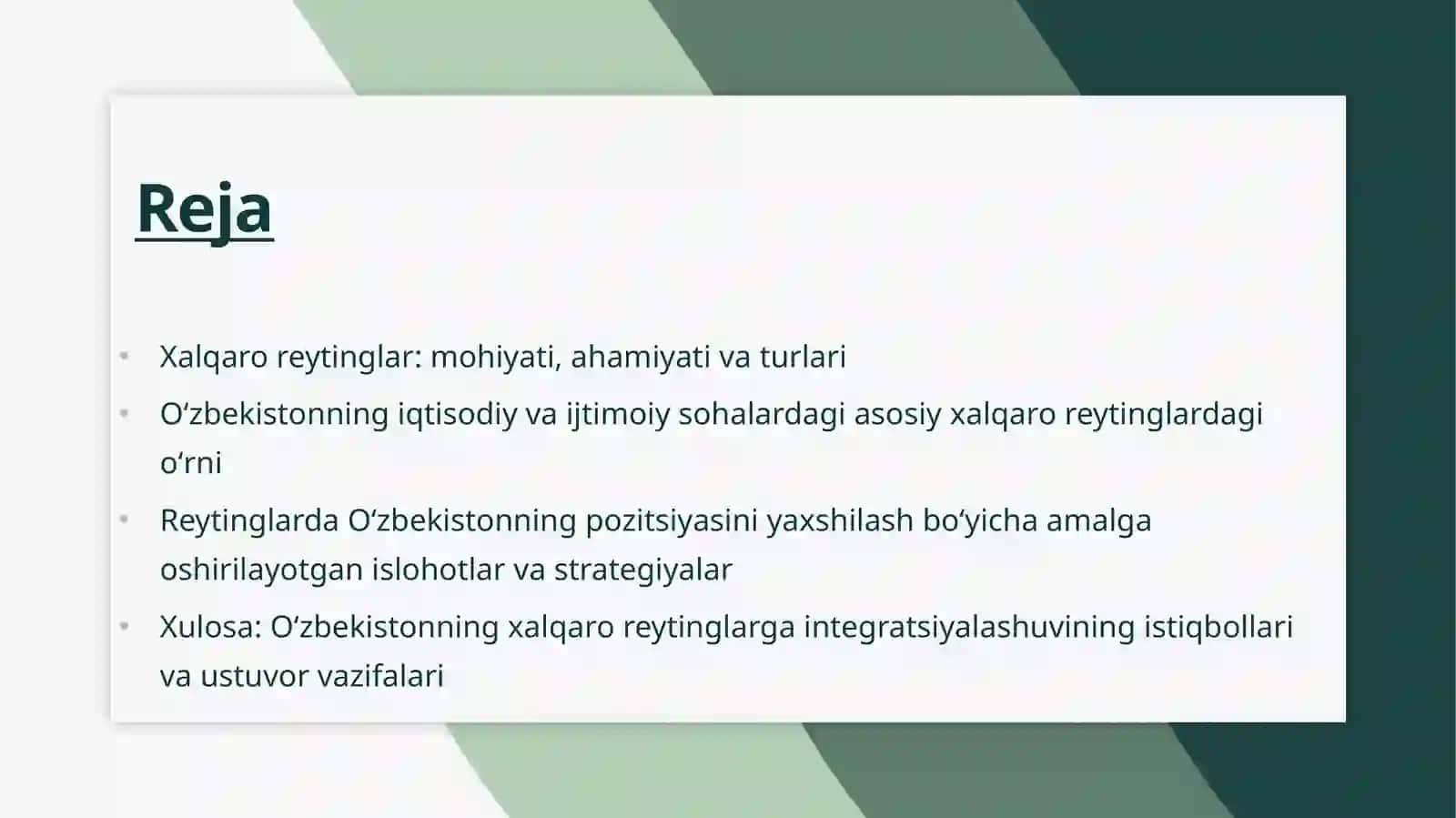 Iqtisodiy va ijtimoiy sohadagi ustuvor xalqaro reytinglar va ularga Oʻzbekistonning integratsiyalashuvi 2