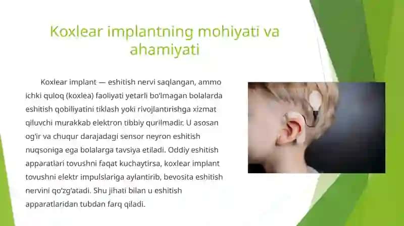 Koxlear implantantli eshitishda nuqsoni bo'lgan bolalar reabilitatsiyasi 2