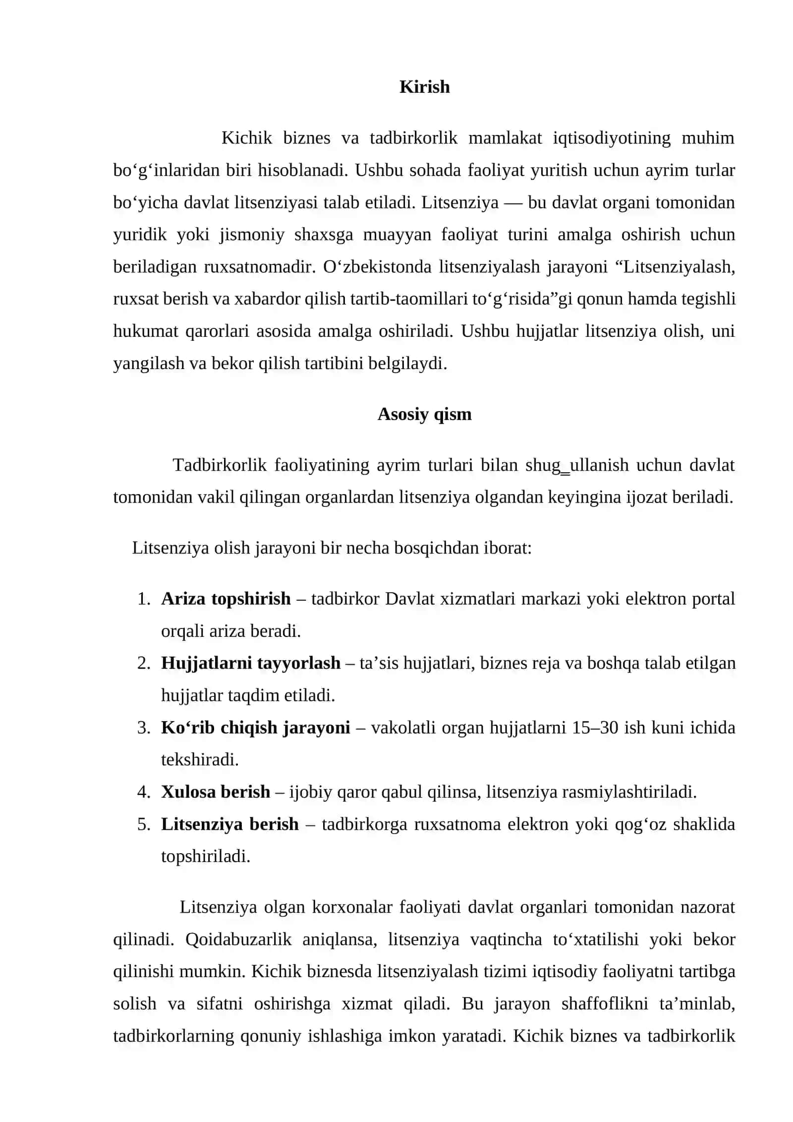 Kichik biznes va tadbirkorlik korxonlarda litsenziya berish tartibi 2