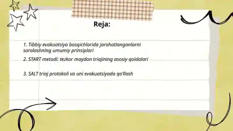 Tibbiy evakuatsiya bosqichlarida jarohatlanganlarni saralash prinsiplari 2