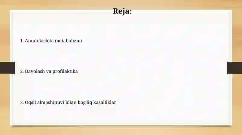 Aminokislota almashinuvi, oqsillar almashinuvi bilan bog'liq bo'lgan kasalliklar 2