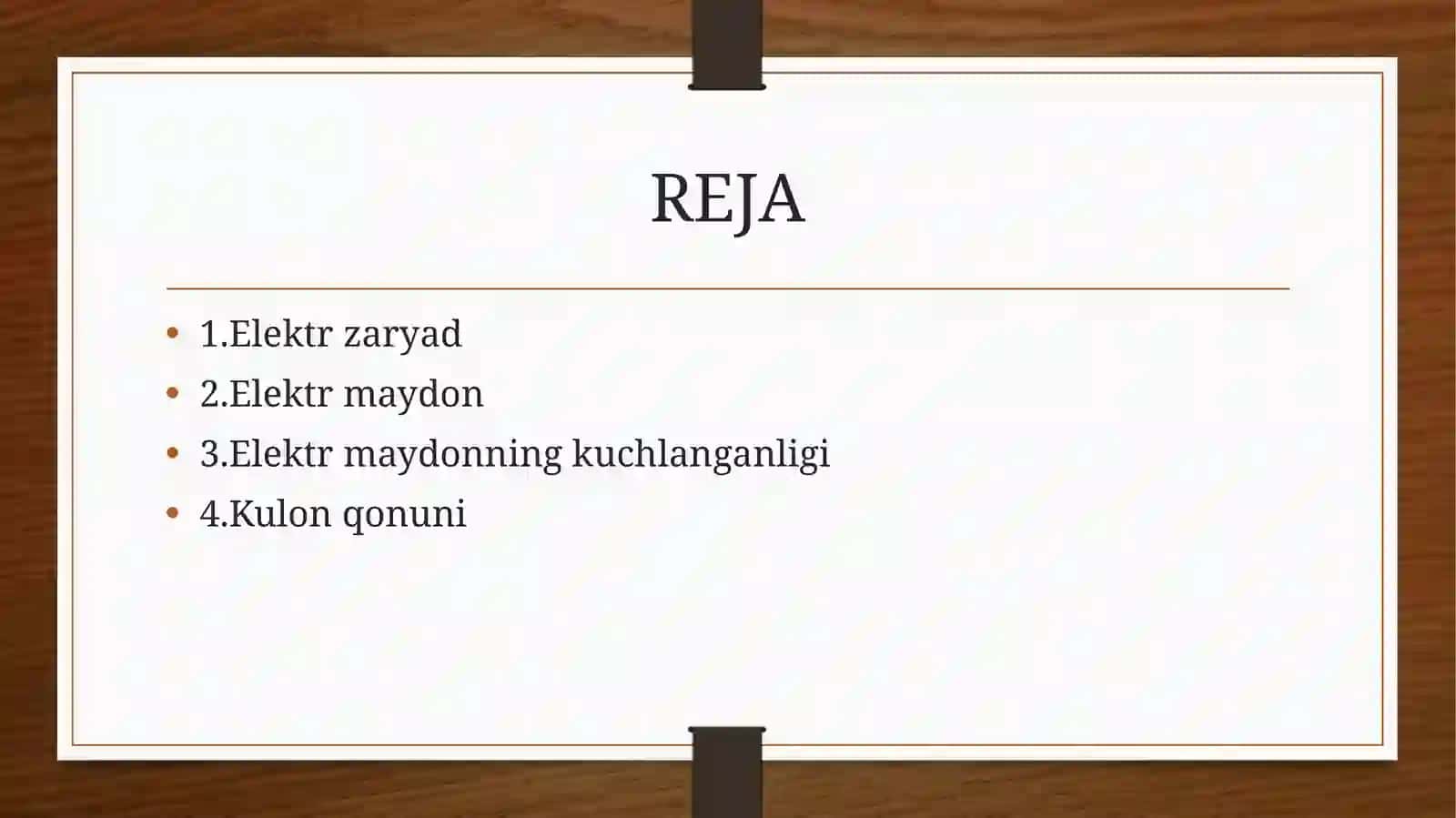 Kulonqonuni. Elementar zaryad. Elektr zaryadlarning saqlanish qonuni. Elektr maydoni. Elektr maydon kuchlanganligi. Kuchlanganlik chiziqlari. Elektr maydonlarni qo'shishning superpozitsiya prinsipi 2