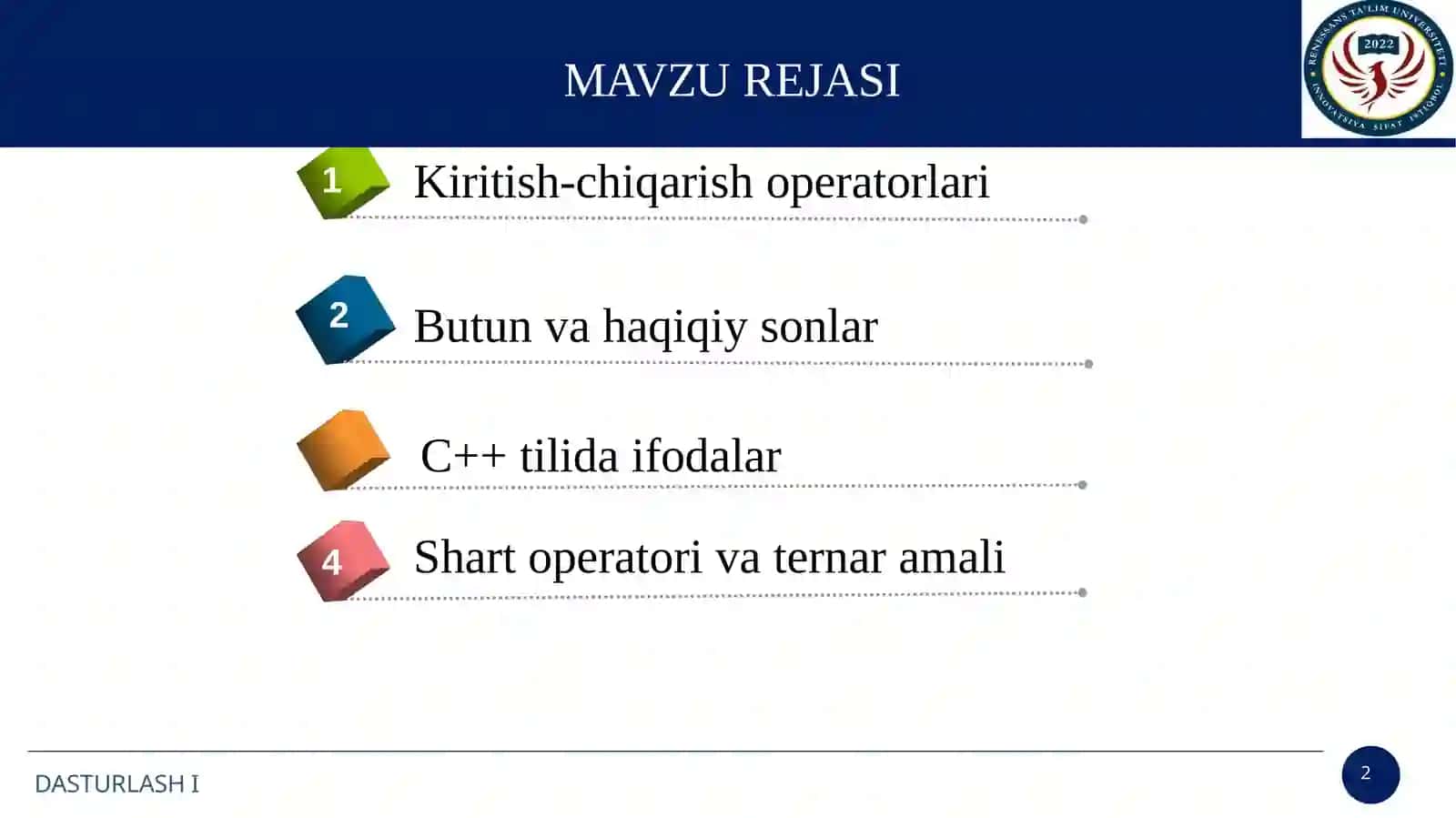 Qiymat o‘zlashtirish operatorlari va ularning ishlash usullari. C++ dasturlash tilida satrlar , matematik funksiyalar, shart operatori va ternar amali. 2