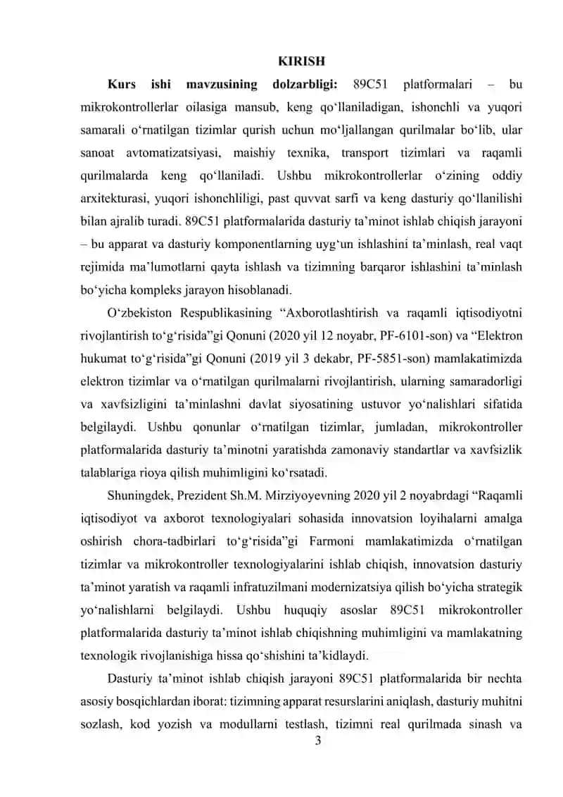 89C51 PLATFORMALARIDA O‘RNATILGAN DASTURIY TA’MINOT ISHLAB CHIQISH 2