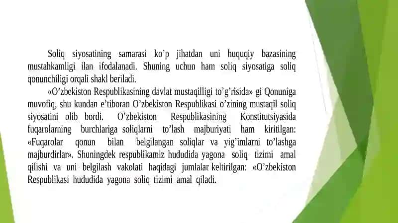 Soliq siyosati (2-ma’ruza mashg’uloti) (Soliq siyosatining ustuvor yo‘nalishlari) 2