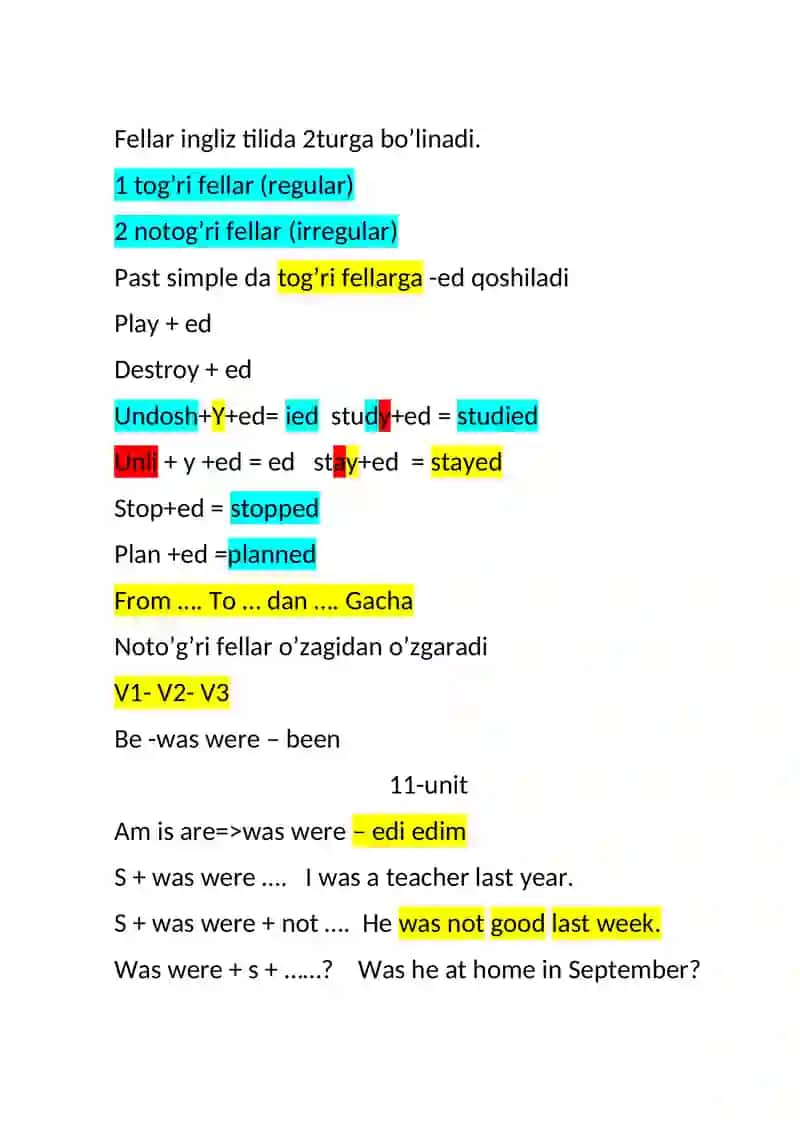 Unit 9-10-11 Past Simple Tense 2