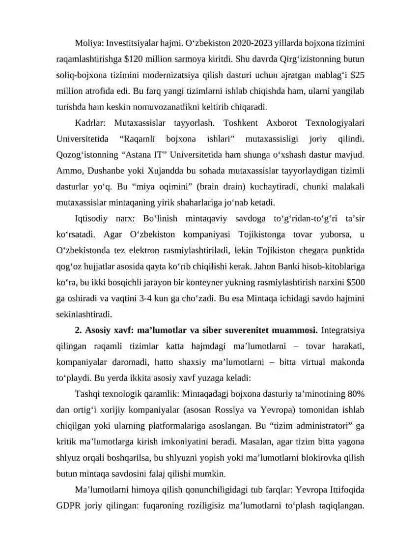 “UMUMIY MAKON” KONTSEPSIYASI DOIRASIDA MARKAZIY OSIYO MAMLAKATLARI BOJXONA TIZIMLARINI RAQAMLASHTIRISH: “RAQAMLI BO‘LINISH” NARXI VA SIBERSUVERENITET MUAMMOSI 2