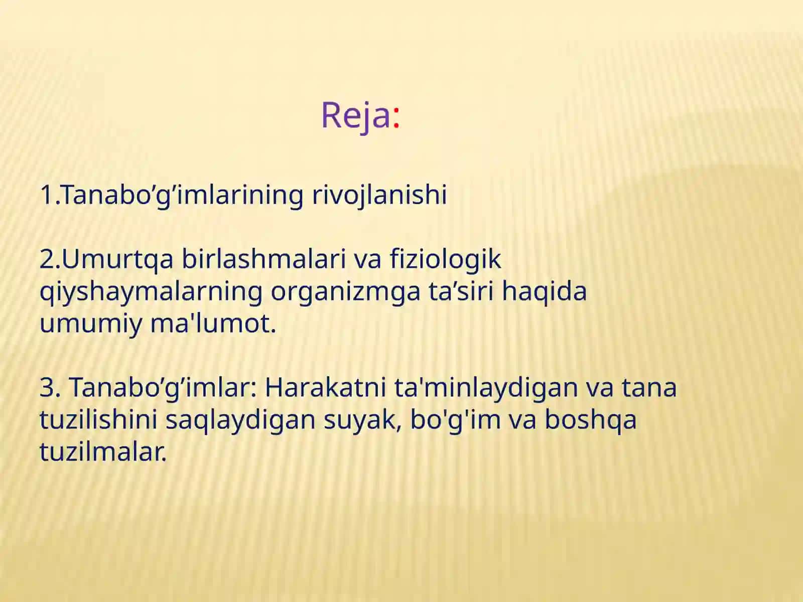 Tana bo’g’imlarining rivojlanishi, umurtqabirlashmalarining rivojlanishidagi o’zgarish xususiyatlari, va fiziologik qiyshaymalarning paydo bo’lish davrlari 2