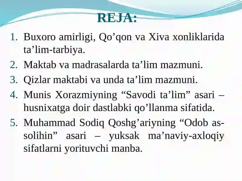 XVIIАSRDАNXIX АSRNING YARMIGАCHА TАRBIYA, MАKTАB VА PЕDАGОGIK FIKRLАR RIVOJI 2