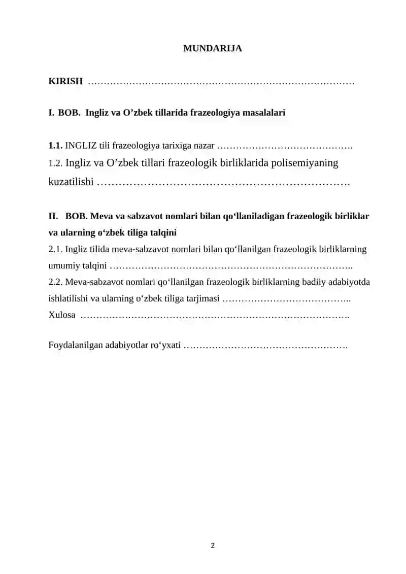 Meva va sabzavot nomlari bilan boshlanuvchi frazeologik iboralarning badiiy adabiyotda qo’llanilishi.  BITIRUV MALAKAVIY ISHI 2