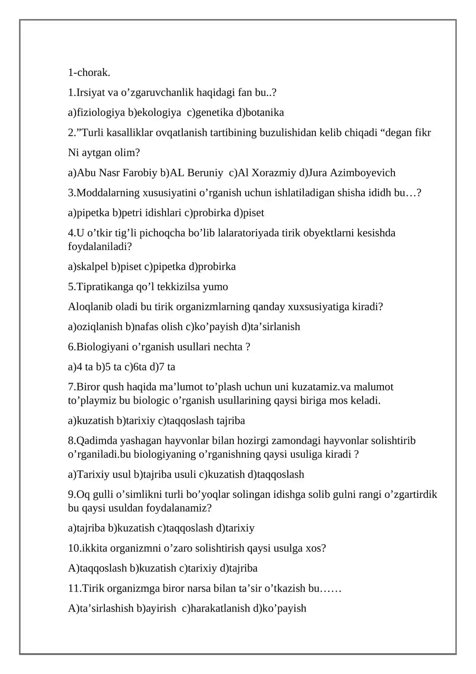 5-sinflar uchun biologiya fanidan TEST SAVOLLARI 2