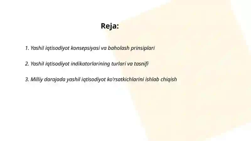 “Yashil iqtisodiyot”ni baholash amaliyoti va inikatori 2