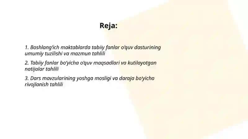 Boshlang‘ich maktablarda tabiiy fanlarning mazmuni, o‘quv dasturining tahlili 2