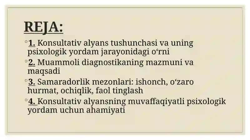 ’Konsultativ alyans’’, ’’Muammoli diagnostika’’, samaradorlik sharti va psixologik vositachilik 2