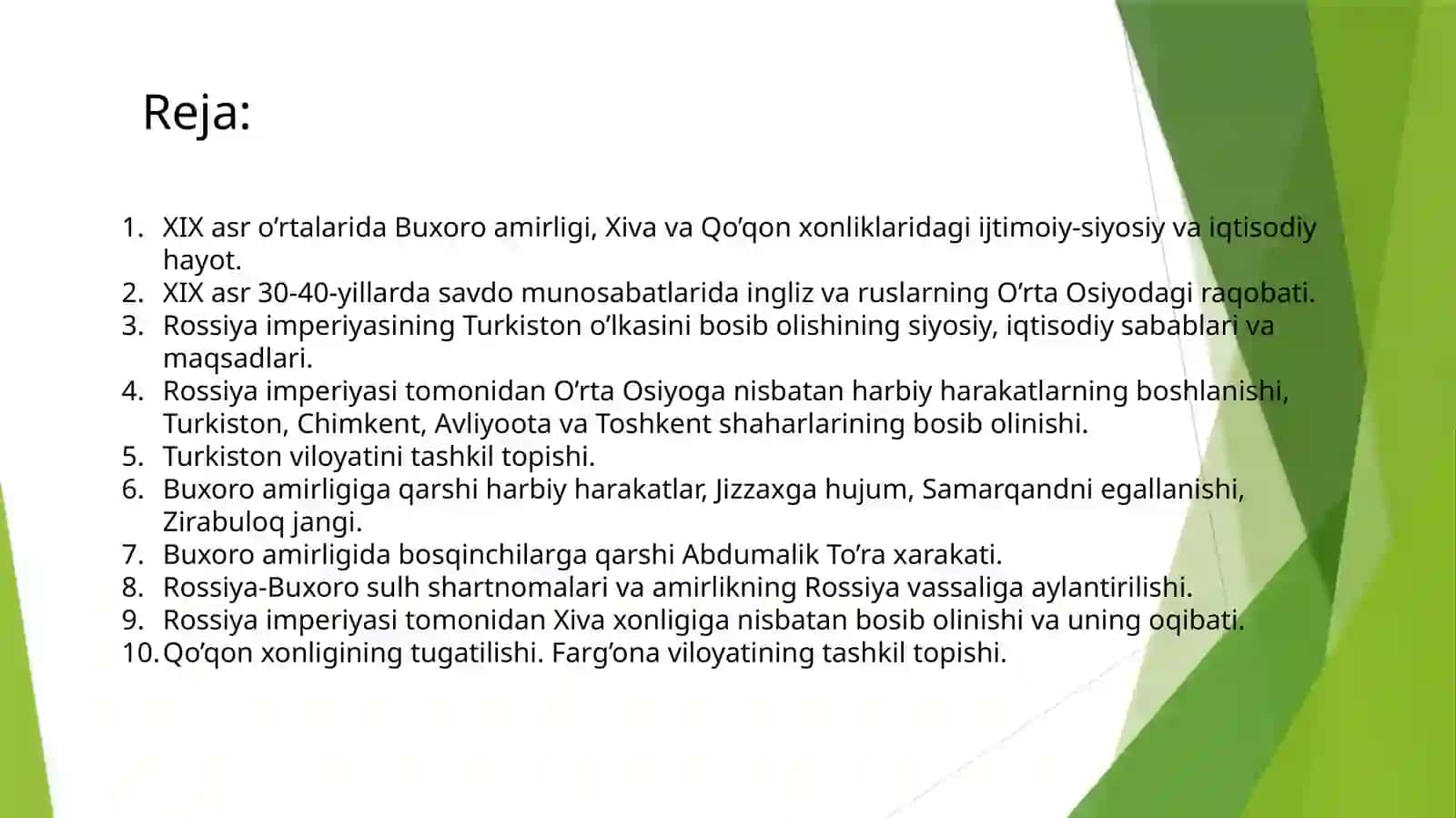 XIX asr o‘rtalarida o‘zbek xonliklardagi siyosiy va ijtimoiy-iqtisodiy hayot. O‘rta Osiyo xonliklarining Rossiya imperiyasi tomonidan bosib olinishi. 2