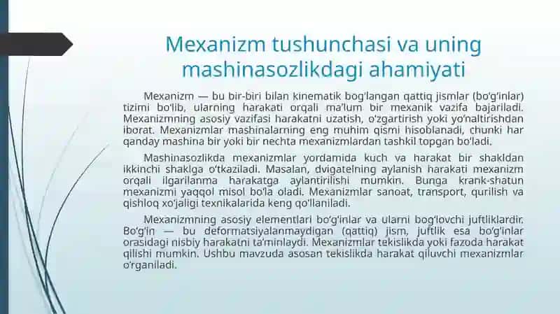 Tezlik va tezlanishlarni aniqlash, qattiq jismning ilgarilanma va qo‘zg‘almas o‘q atrofidagi aylanma harakati. Tekislikda harakat qiluvchi mexanizmlarning tuzilishi formulasi. Mexanizm ta’rifi. 2