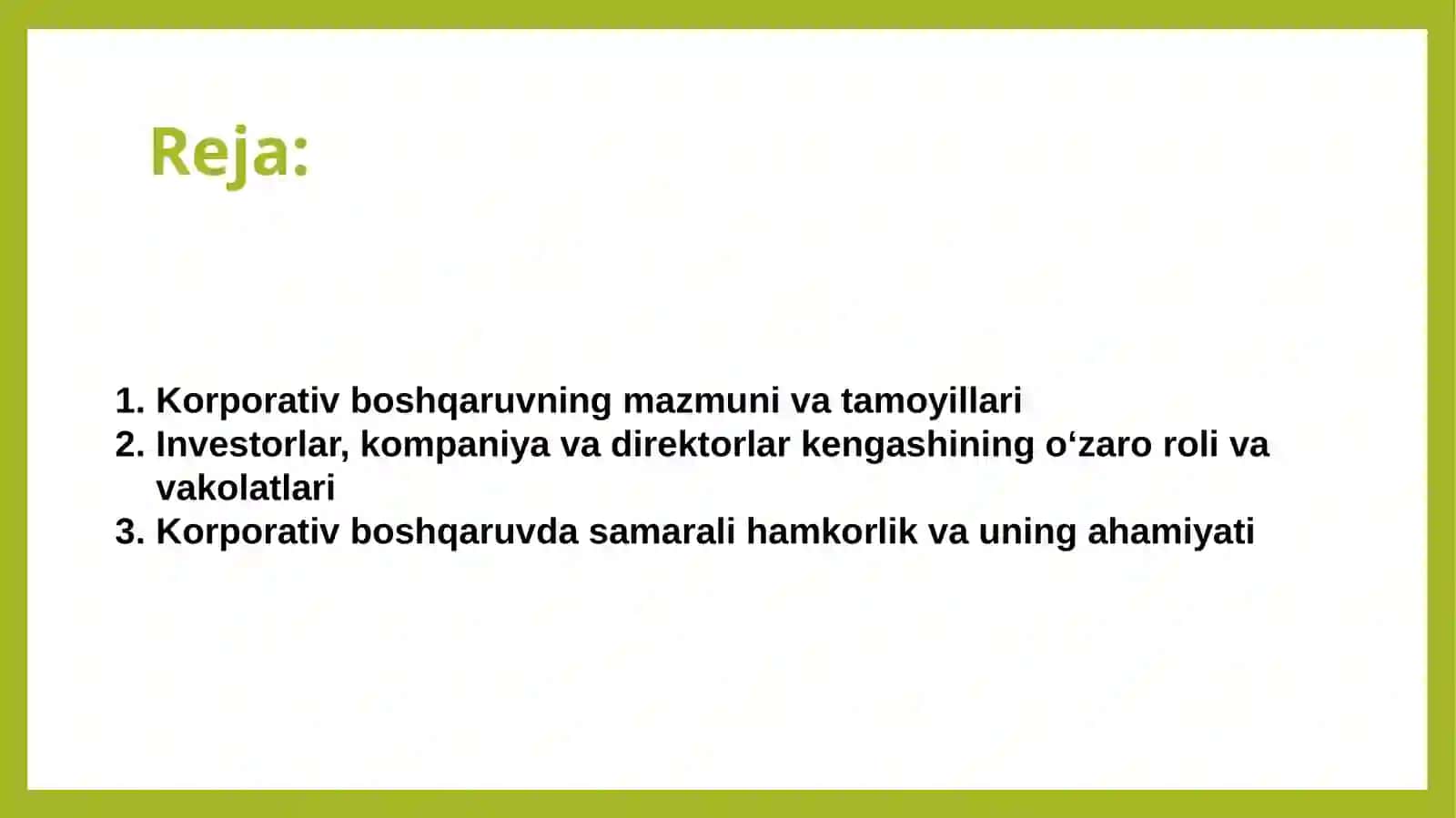 Korporativ boshqaruvda hamkorlik investorlar, kompaniyalar va direktorlar kengashi 2