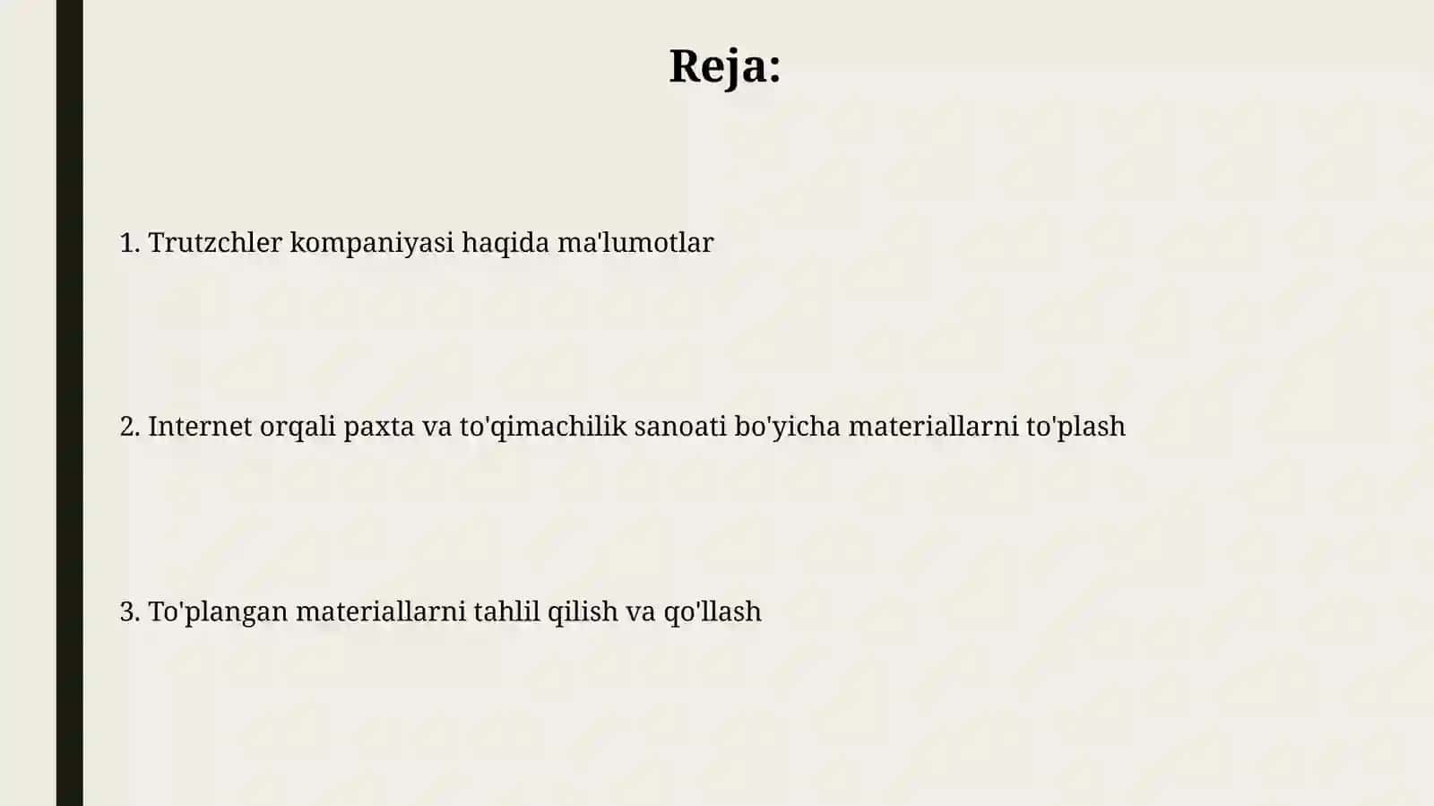 Internet orqali paxta va toqimachilik sanoatiga oid materiallar toplash Trutzchler 2