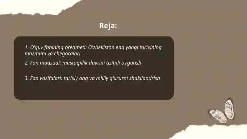 O'zbekiston eng yangi tarixi "o'quv fanining predmeti maqsadi va vazifalari" 2
