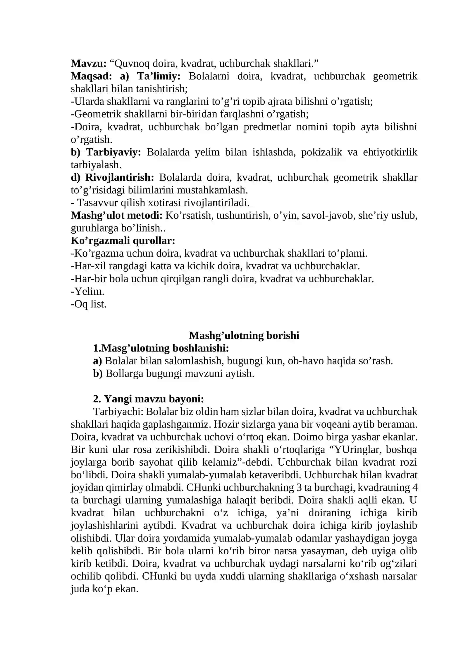 “Quvnoq doira, kvadrat, uchburchak shakllari.” mavzusida mashg‘ulot ishlanmasi 2