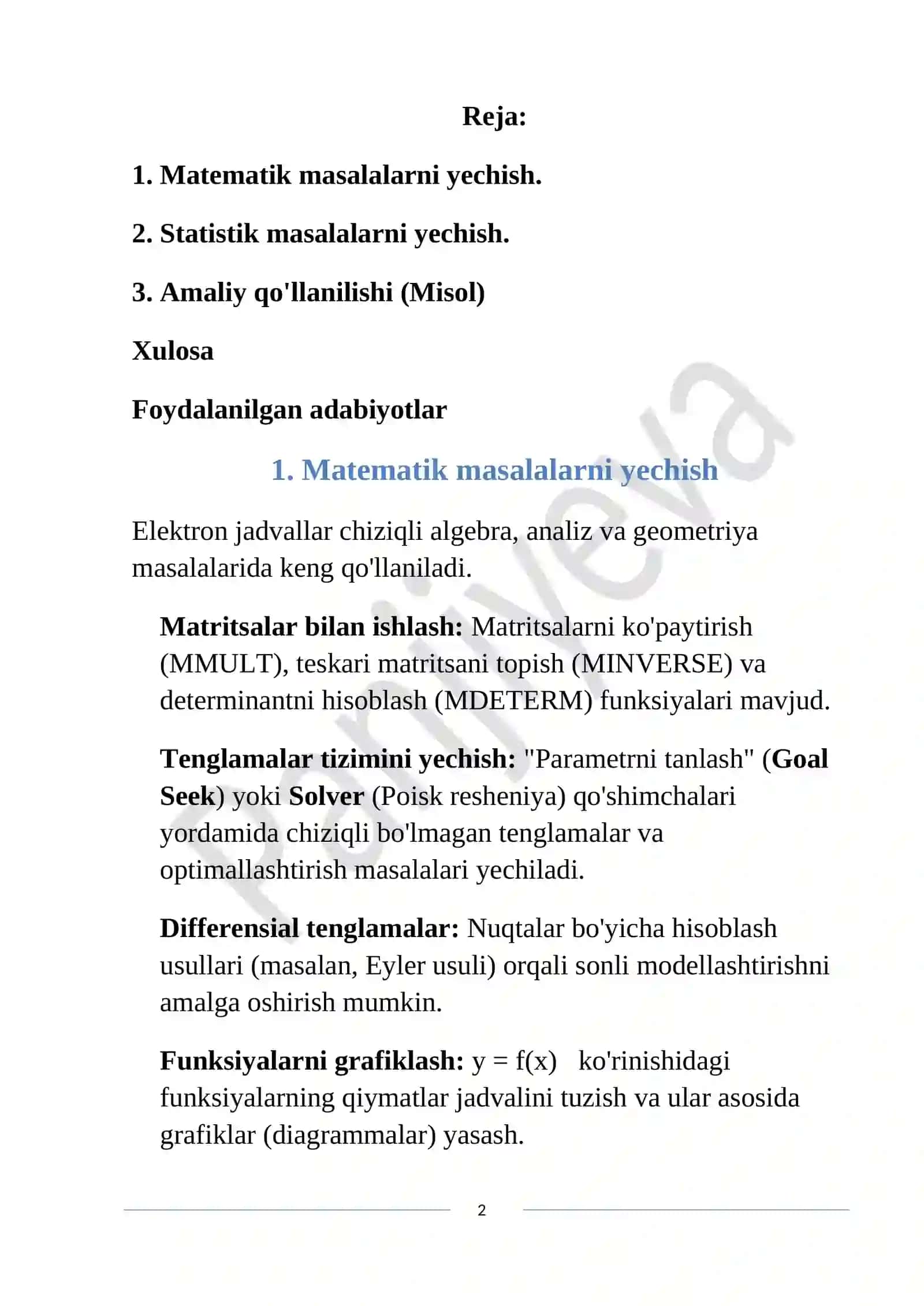 Elektron jadvallar yordamida matematik va statistic masalalarni yechish 2
