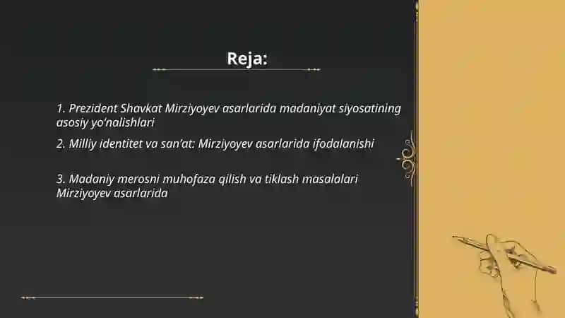 Prezident Shavkat Mirziyoyev asarlarida madaniyat va sanʼat sohasining yoritilishi 2